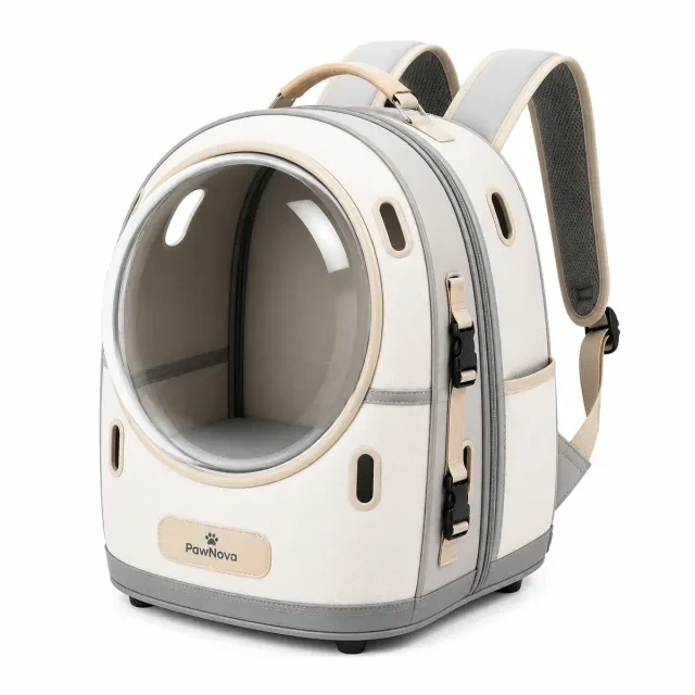 PawNova® Space Capsule Transportrucksack in Creme mit transparenter Panorama-Kuppel